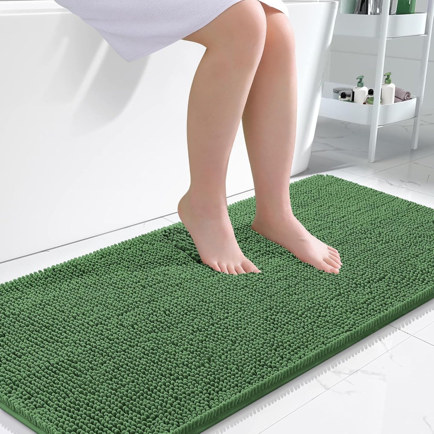 OLANLY Bathroom Rugs 47x24, Extra Soft Absorbent Chenille Bath Rugs, Rubber Backing Quick Dry, Machine Washable Bath Mats for Bathroom Floor, Tub and Shower, Home Decor Accessories, Olive Green