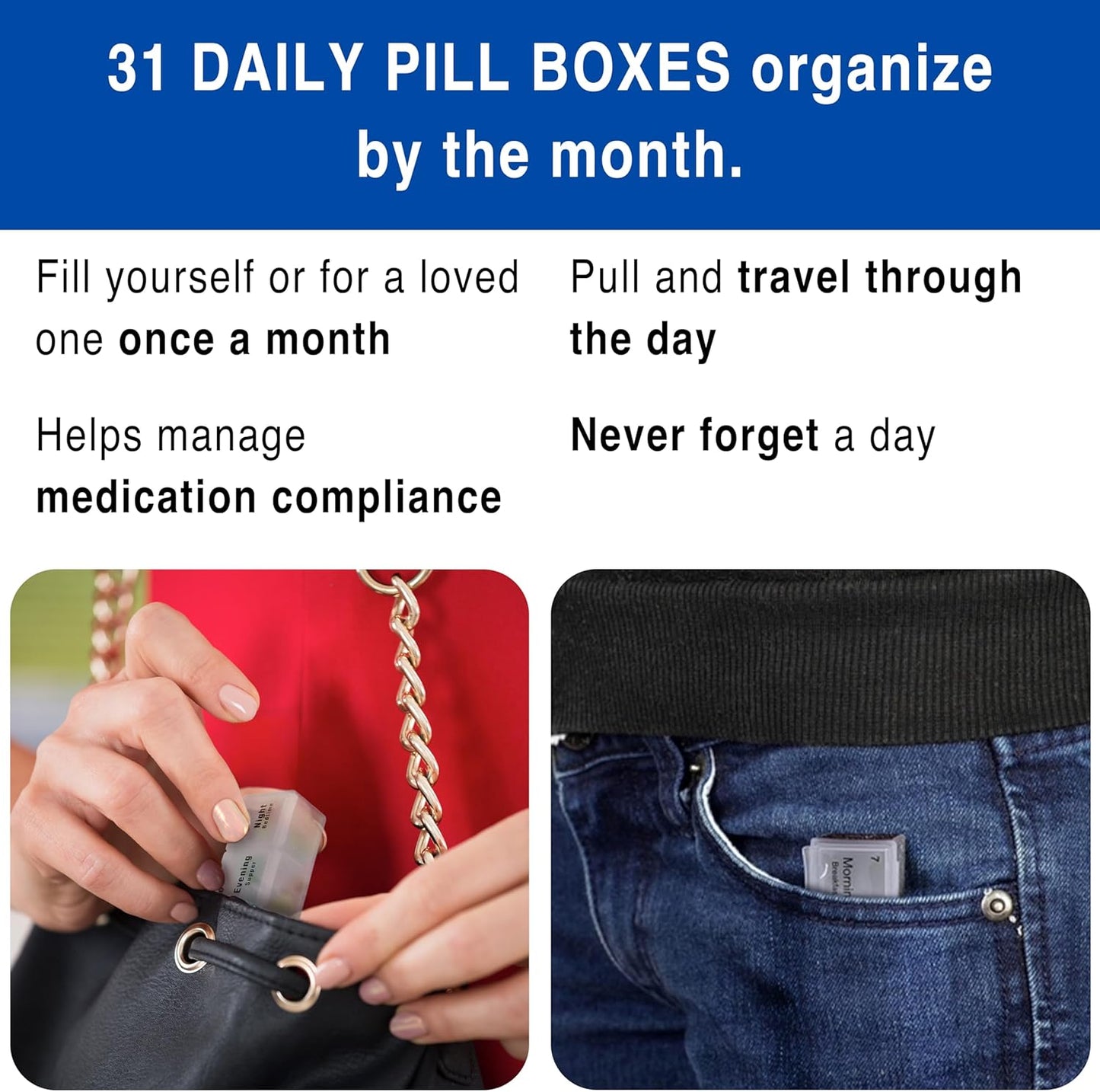 Monthly Pill Box Organizer, 4 Times a Day, Extra Large 31 Daily Pill Cases with Compartments for Vitamins, Supplements, Medication, 31 Day Pill Organizer