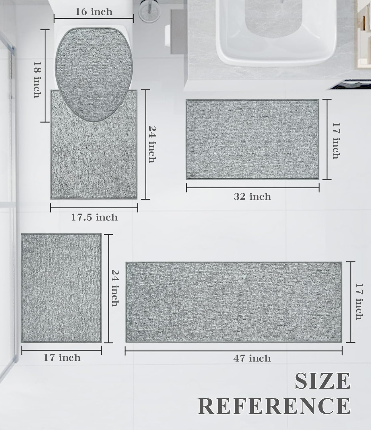 chakme Bathroom Rug Sets 5 Piece, Ultra Thin Bath Mat Quick Dry Bath Mat Set, Absorbent Bath Mat for Bathroom Non Slip Machine Washable, (Light Grey, 5 Piece)