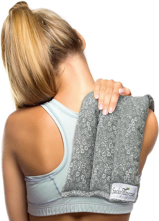SacksyThyme Microwave Heating Pad for Back, Neck, Menstrual Cramps, Shoulders, Leg Pain Relief - Hot Moist Microwavable Therapy Pack - Gray Unscented Flaxseed Heat Pad Made in USA
