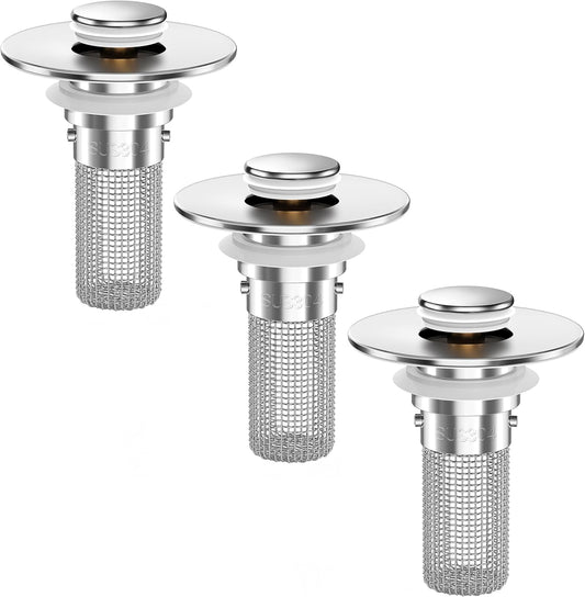 Bathroom Sink Drain Strainer, Pop-Up Bathroom Sink Stopper with Removable Stainless Steel Hair Catcher Basket, Universal Fit for US Bathroom Sinks, Bathtubs, Showers & Floor Drains (3PCS)