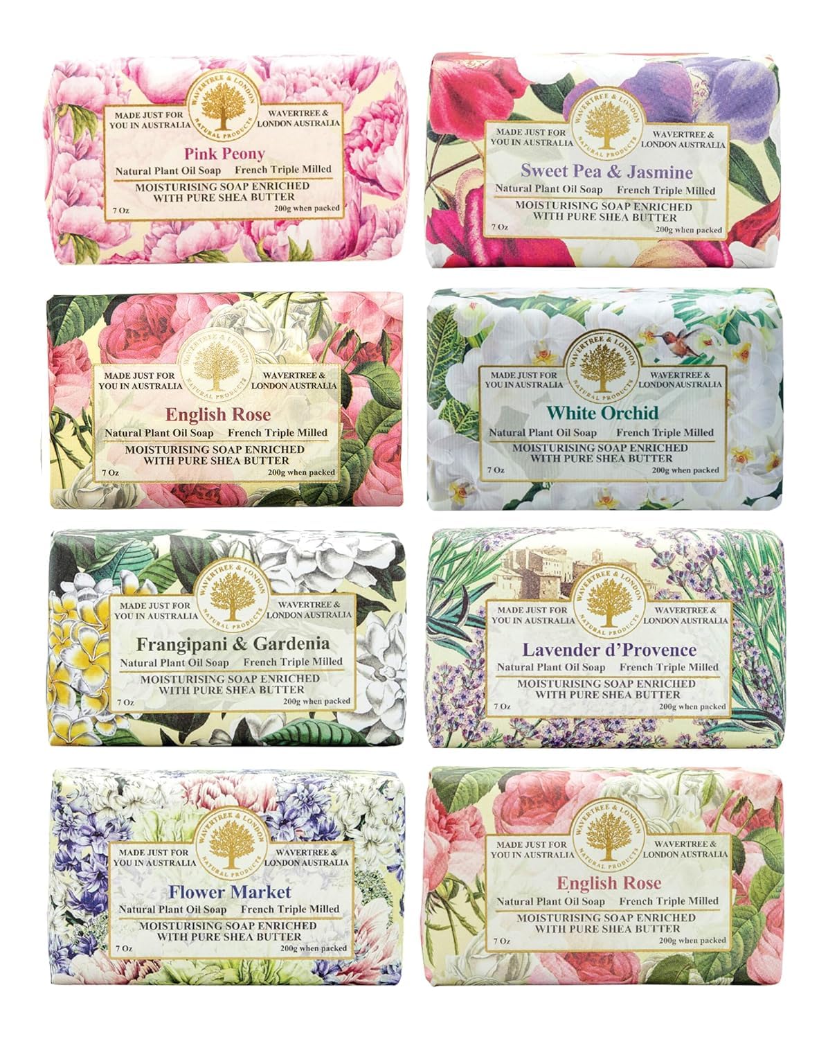 Wavertree & London Assorted Fabulous Florals (8 Bars), 7oz Moisturizing Natural Soap Bars, French -Milled and enriched with Shea Butter