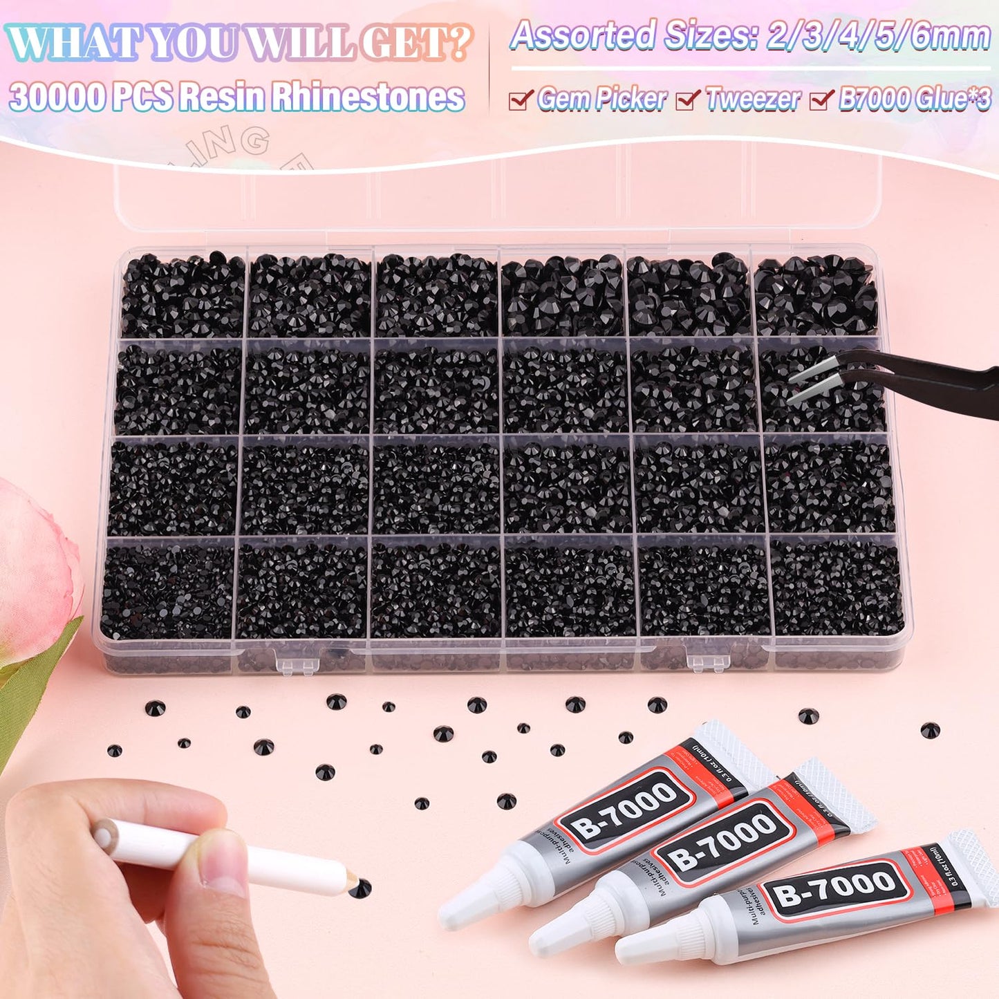 30000Pcs Resin Black Rhinestones for Bedazzling Crafting with b7000 Jewelry Glue, Bulk Flatback Gems Bedazzler Kit for Crafts Clothes Shoes Fabric Nail Diamond Art, Assorted Size 2/3/4/5/6mm