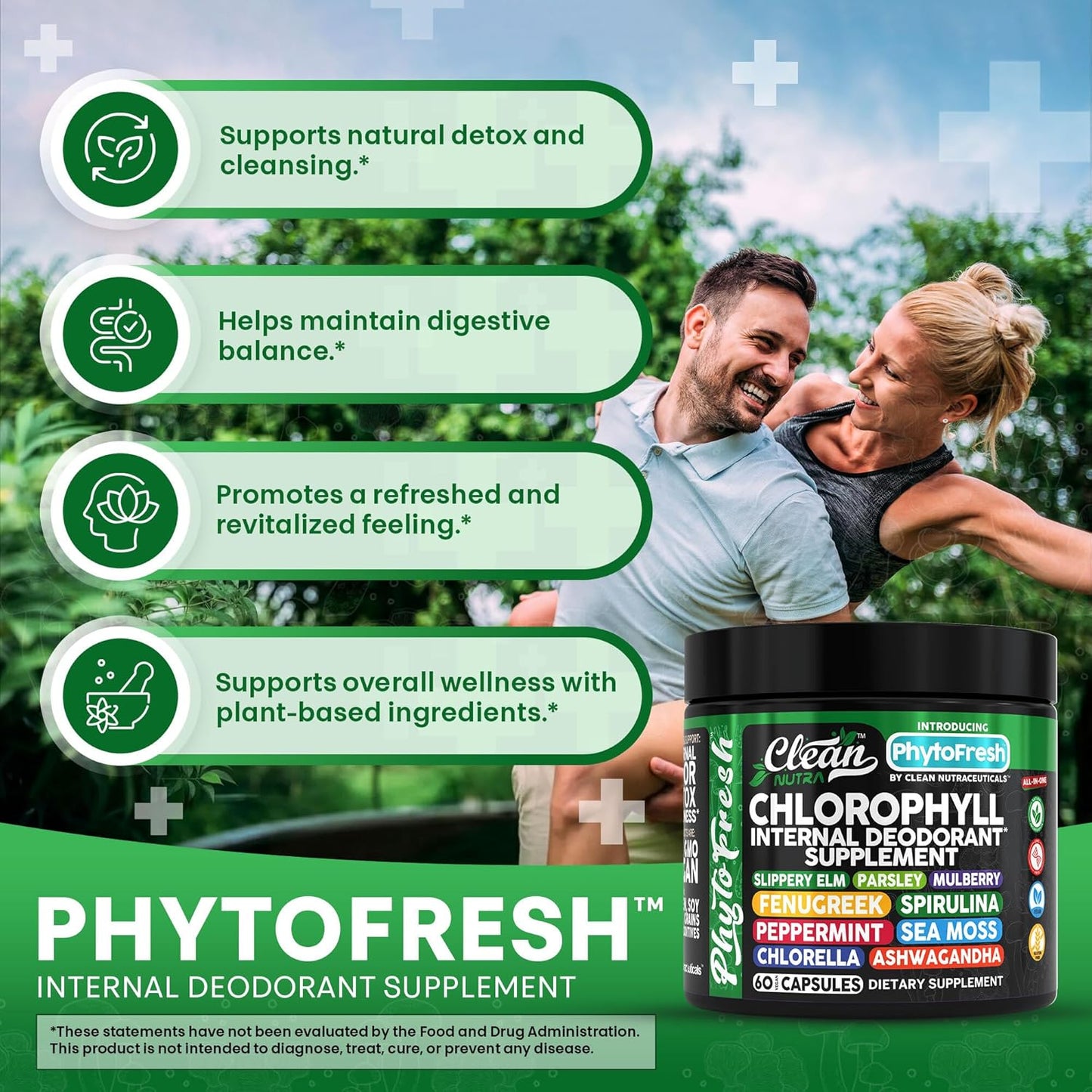 Clean Nutra Chlorophyll Capsules Supplement Internal Deodorant Peppermint, Sea Moss, Parsley, Chlorella, Spirulina, Slippery Elm, Ashwagandha, PhytoFresh Greens Detox Pills