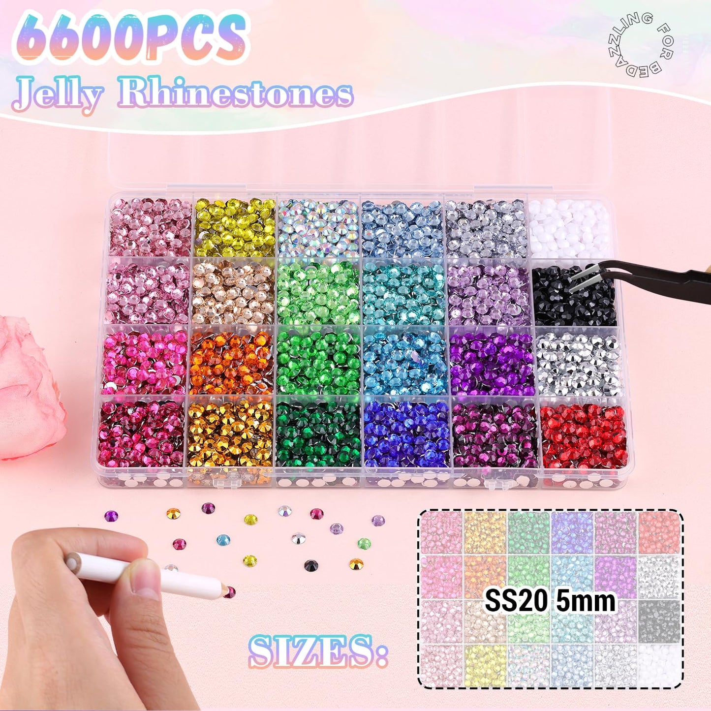 6600Pcs Resin Rhinestones with 3Pcs B7000 Jewelry Glue for Crafting, Multicolors 5mm Non Hotfix Flatback Gems, Bedazzling Crystal for DIY Crafts Clothing Tumblers Mugs Shoes Fabric Decor Nail Art