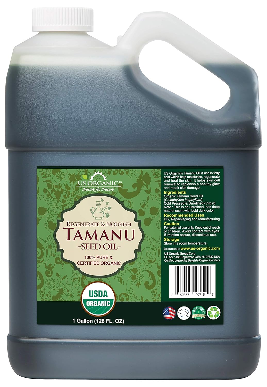 US Organic Tamanu Oil Bulk pack, USDA Organic, 100% Pure Virgin Cold Pressed Unrefined, Dark Green Color_Sourced from Southeast Asia, Size for DIY and small manufacturers (128 oz (1 Gallon))