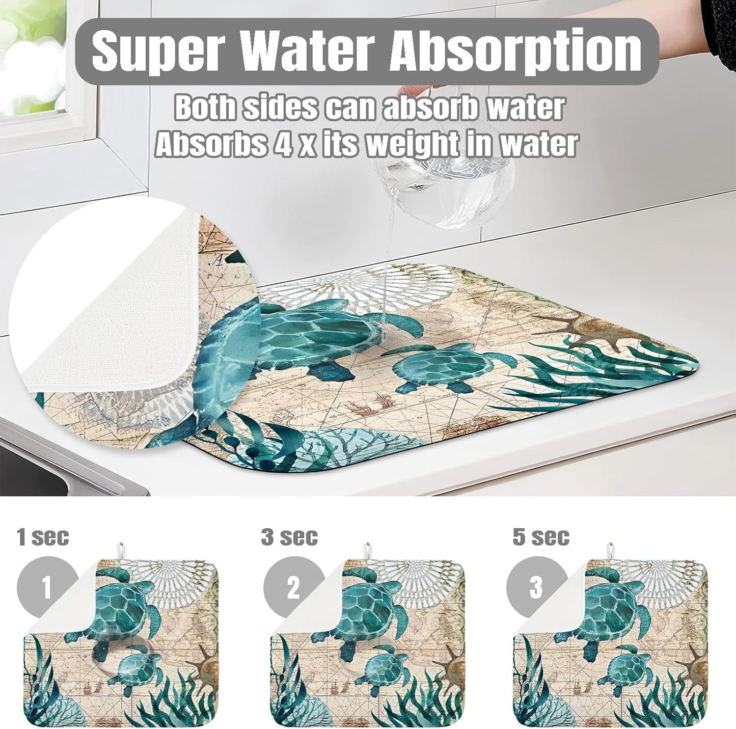 Dish Drying Mat for Kitchen Counter Large 16" x 18" Seaturtle Absorbent Microfiber Dishes Drainer Rack Mats Pad Reusable Washable