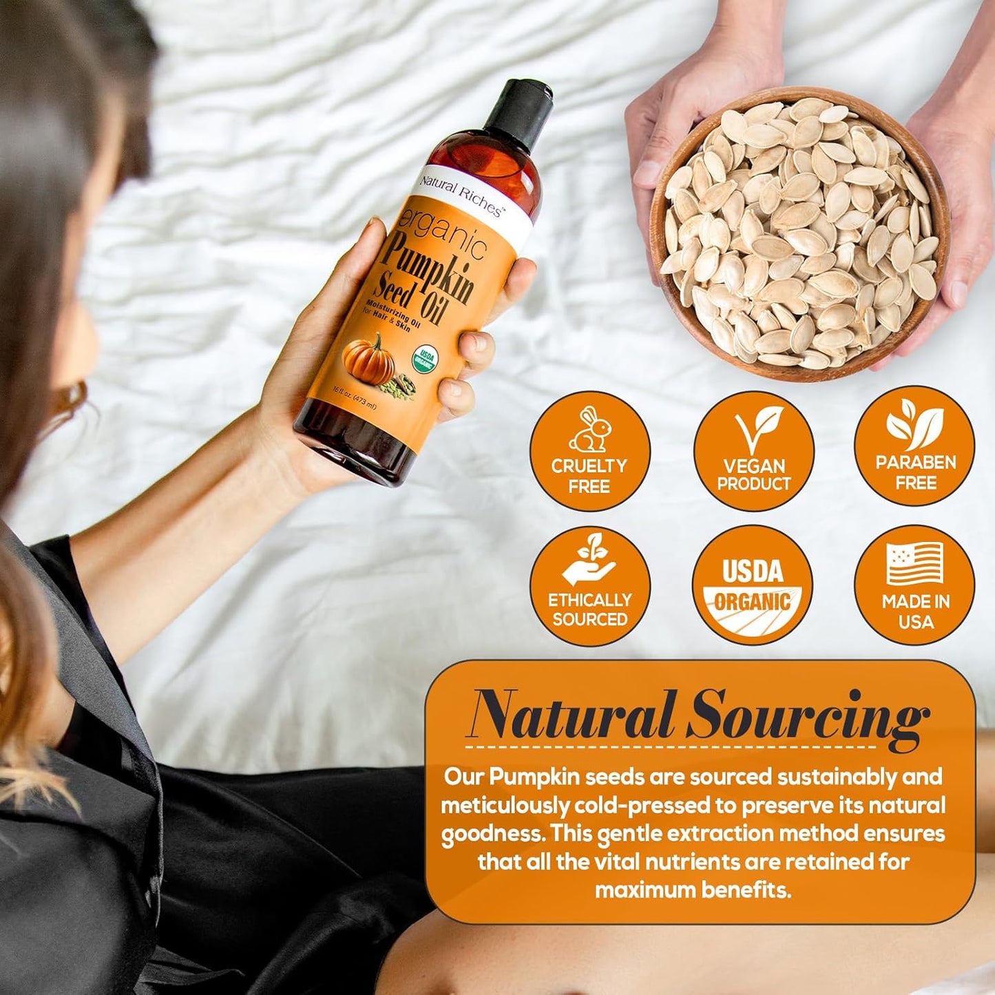 Natural Riches Pumpkin Seed Oil USDA Certified Organic Moisturizer 16oz Pure and Natural Carrier Oil Unrefined, Cold Pressed, Face, Hair, Body & Skin Care Eyelashes,