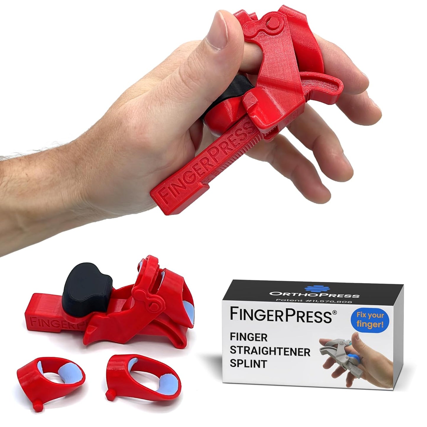 Finger Straightener | PIP Extension Orthosis/Splint For Bent Fingers, PIP Flexion Contractures | Adjustable Joint Stretcher Device | Made in USA | Red/X-Large
