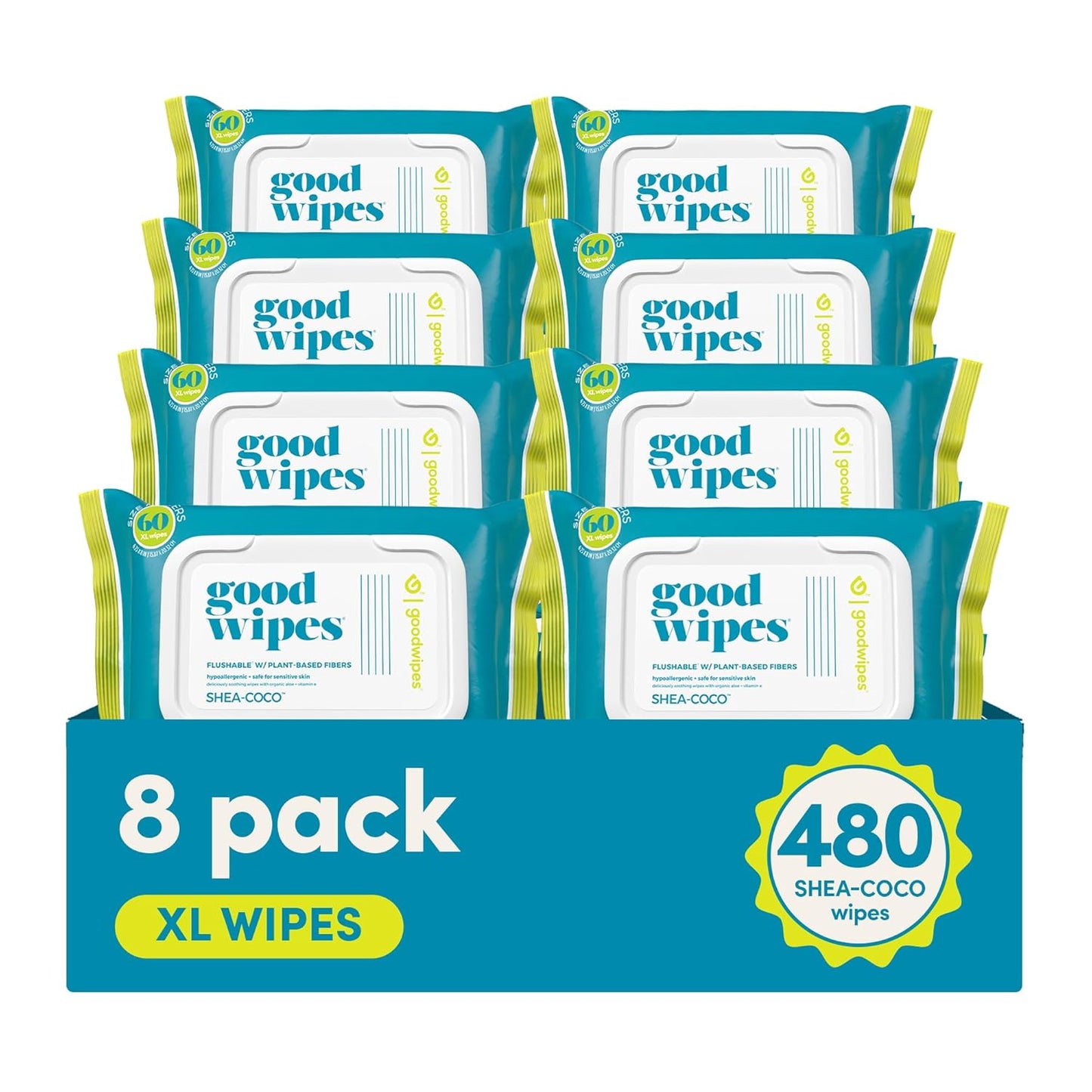 Goodwipes Flushable Butt Wipes Made with Vitamin E & Aloe - Soft & Gentle Wet Wipe Dispenser for Home Use, Septic & Sewer Safe - Largest Adult Toilet Towelettes - Shea Coco, 60 Count (Pack of 8)