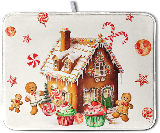 Christmas Gingerbread Man Drying Mat for Kitchen Counter Winter Cute Gingerbread House Candy Cane Cookies Dish Drying Mats Xmas Holiday Dish Drainer Mats Absorbent Reversible Drying Pad 18x24 Inch