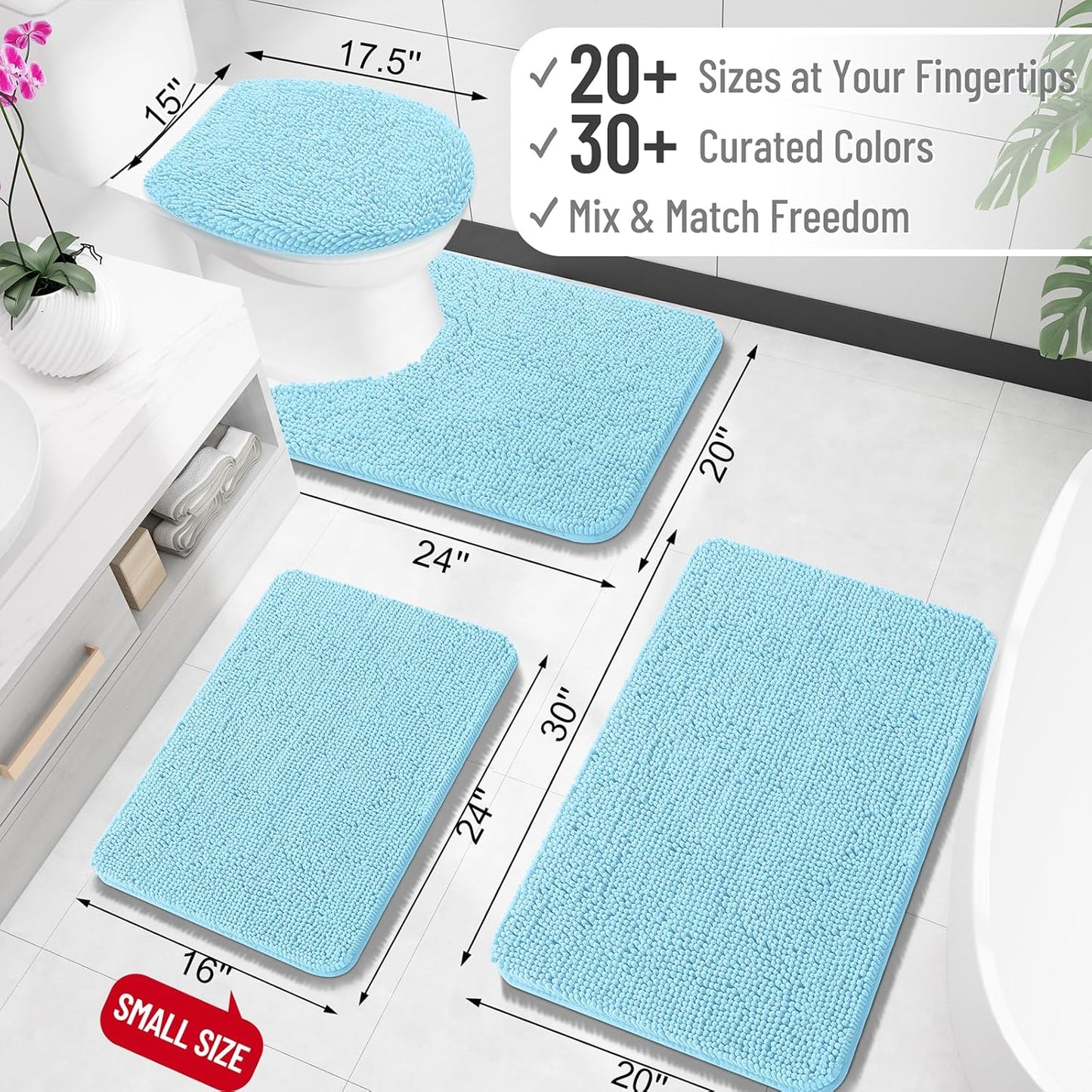 OLANLY Bathroom Rugs 30x20, Extra Soft Absorbent Chenille Bath Rugs, Rubber Backing Quick Dry, Machine Washable Bath Mats for Bathroom Floor, Tub and Shower, Home Decor Accessories, Sky Blue