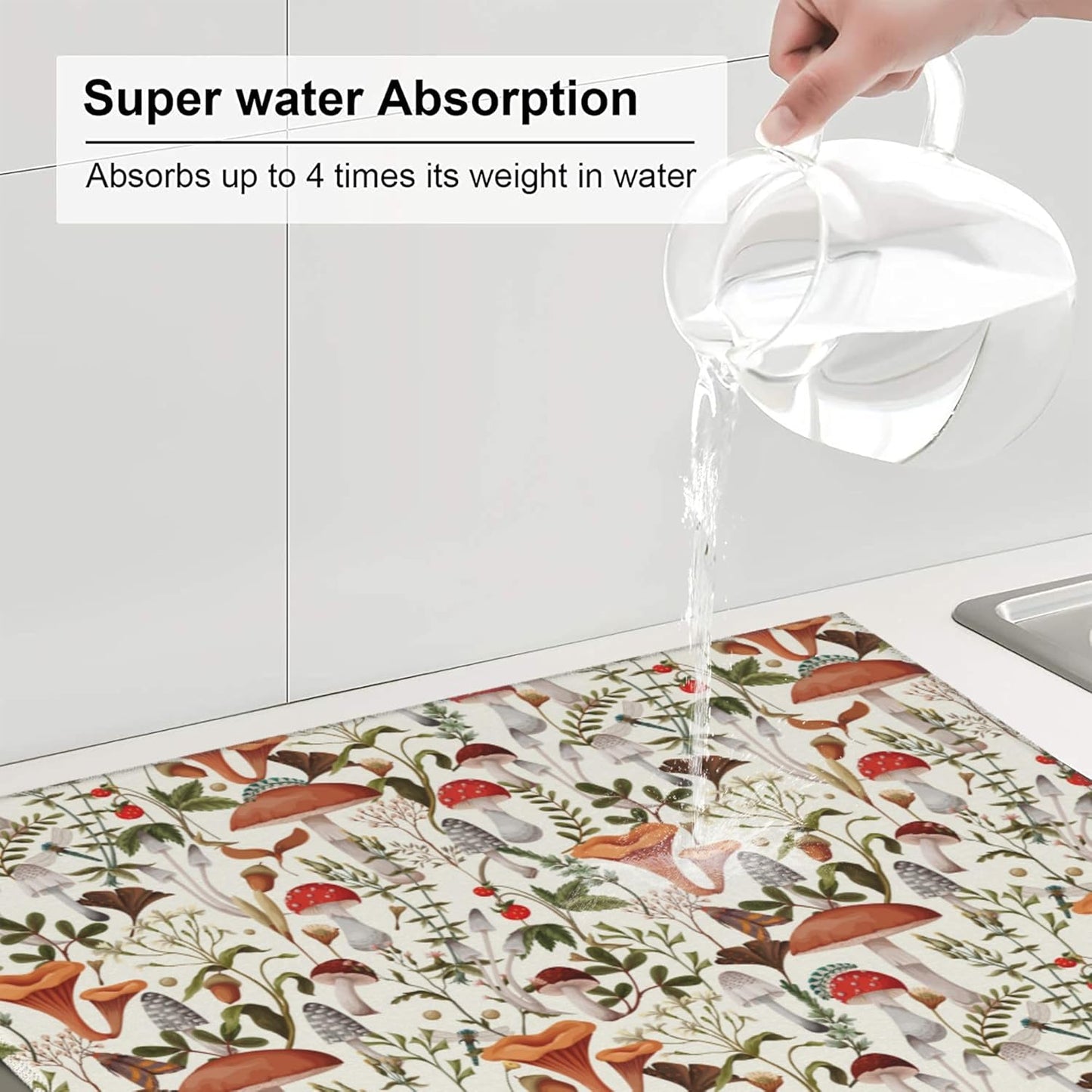 Boho Mushroom Decor Dish Drying Mat for Kitchen Counter Botanic Plant Beige Dish Drainer Rack Mats 16x18 Inch Absorbent Reversible Drying Pad