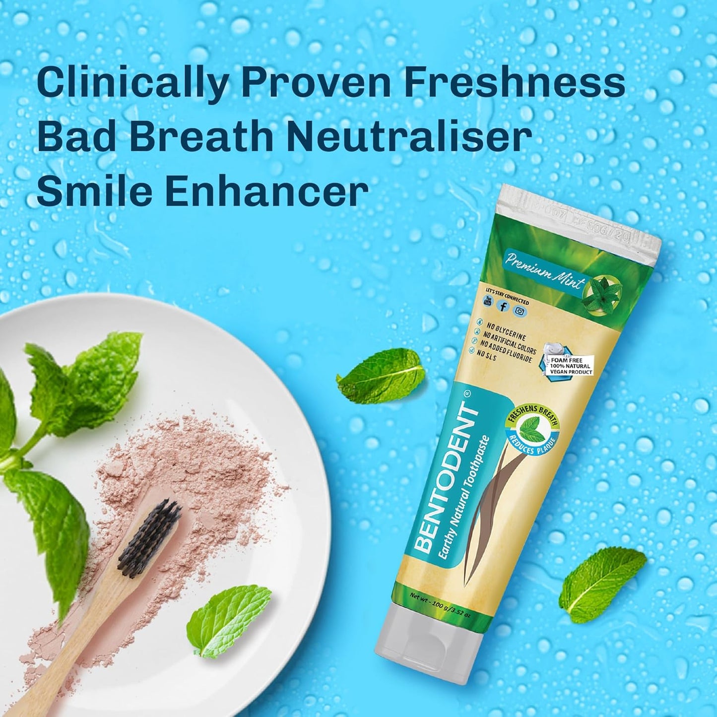 Bentodent Remineralizing Food Grade Organic Calcium Bentonite Clay Toothpaste Fluoride Free Natural Toothpaste for Adult & Kids - Mineral Toothpaste Sensitive Teeth Whitening (Premium Mint)