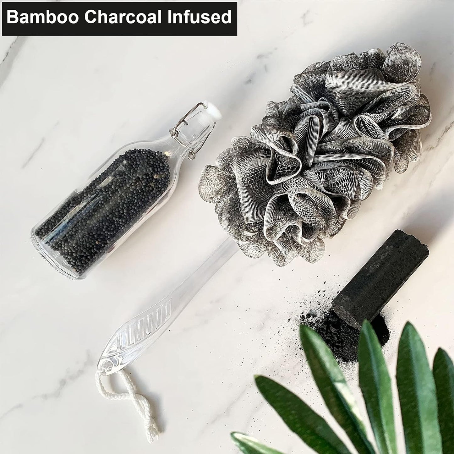 PPHAO - Black Loofah - Charcoal Loofah on a Stick - Back Bath Brush Long Handle - Back Loofah for Shower for Men and Women - Loofah Sponge - 1Pack