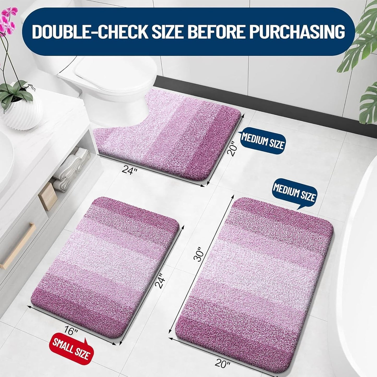OLANLY Luxury Toilet Rugs U-Shaped 24x20, Extra Soft and Absorbent Microfiber Bathroom Rugs, Non-Slip Plush Shaggy Bath Mat, Machine Wash Dry, Contour Bathroom Mats for Toilet Base, Pinkish-Purple