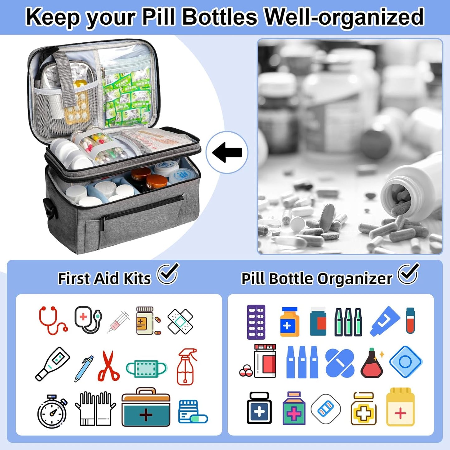 Medicine Bag for Traveling with Portable Small Pouch, Double Layer Pill Bottle Organizer Storage Case with Lockable Zippers, Carrying Medication Travel Case with Shoulder Strap (BAG ONLY), Gray