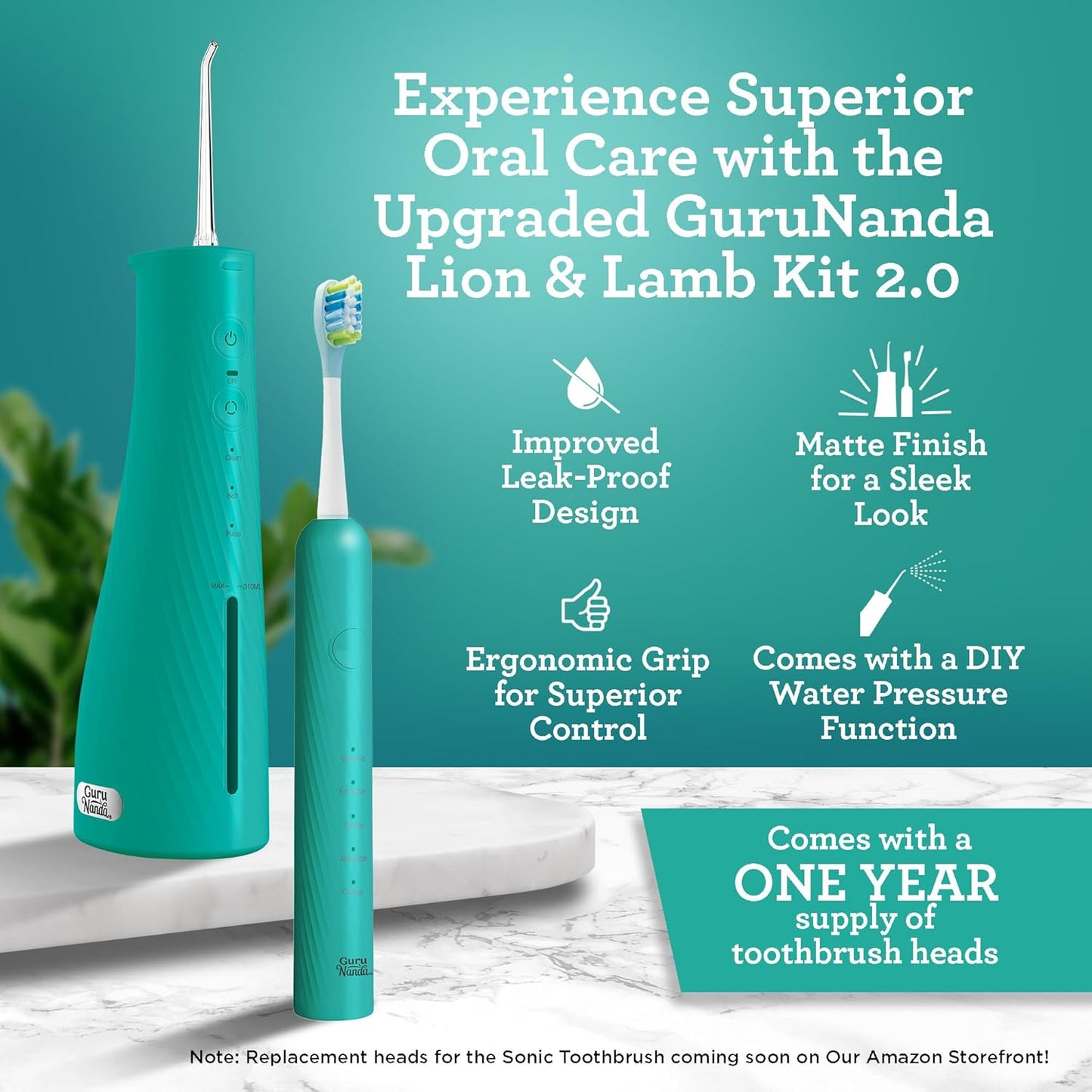 GuruNanda Lion & Lamb Kit 2.0, Electric Toothbrush with Water Flosser Combo, 4 Jet Tips, 4 Brush Heads, & IPX7 Waterproof Design for Complete Oral Care, Teal
