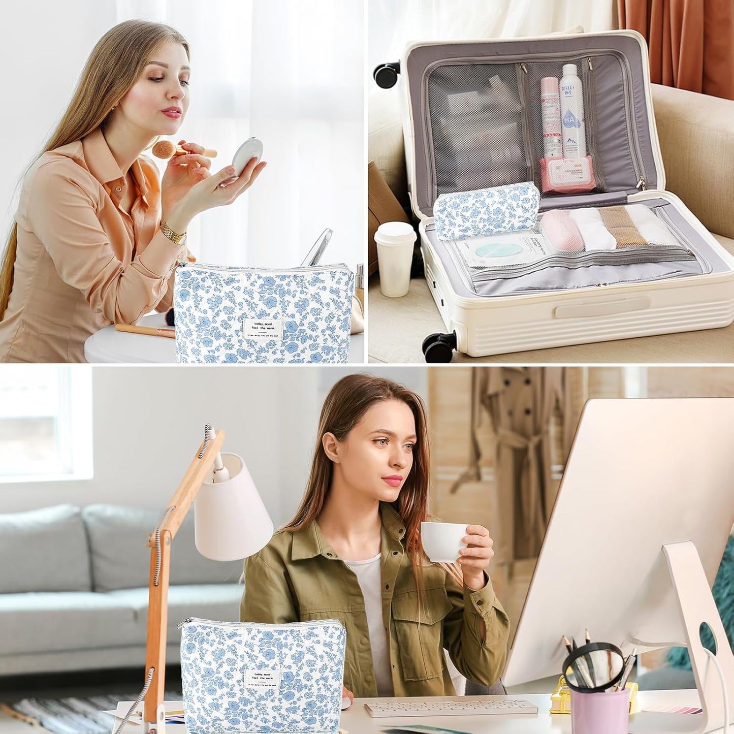 2Pcs Quilted Cotton Makeup Bag Travel Makeup Brush Bag Large Small Pouch Set for Women Floral Coquette Makeup Bags Cute Aesthetic Cosmetic Pouch Blue Toiletry Organizer Storage Bags