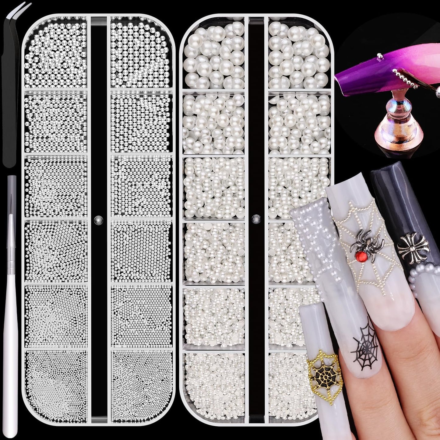 2 Boxes Flatback Pearls (White) and Metal Beads (Silver) for Nail Art, Luxurious Pearl Charms and Small Round Caviar Beads Accessories for Acrylic Tips Manicure Decor