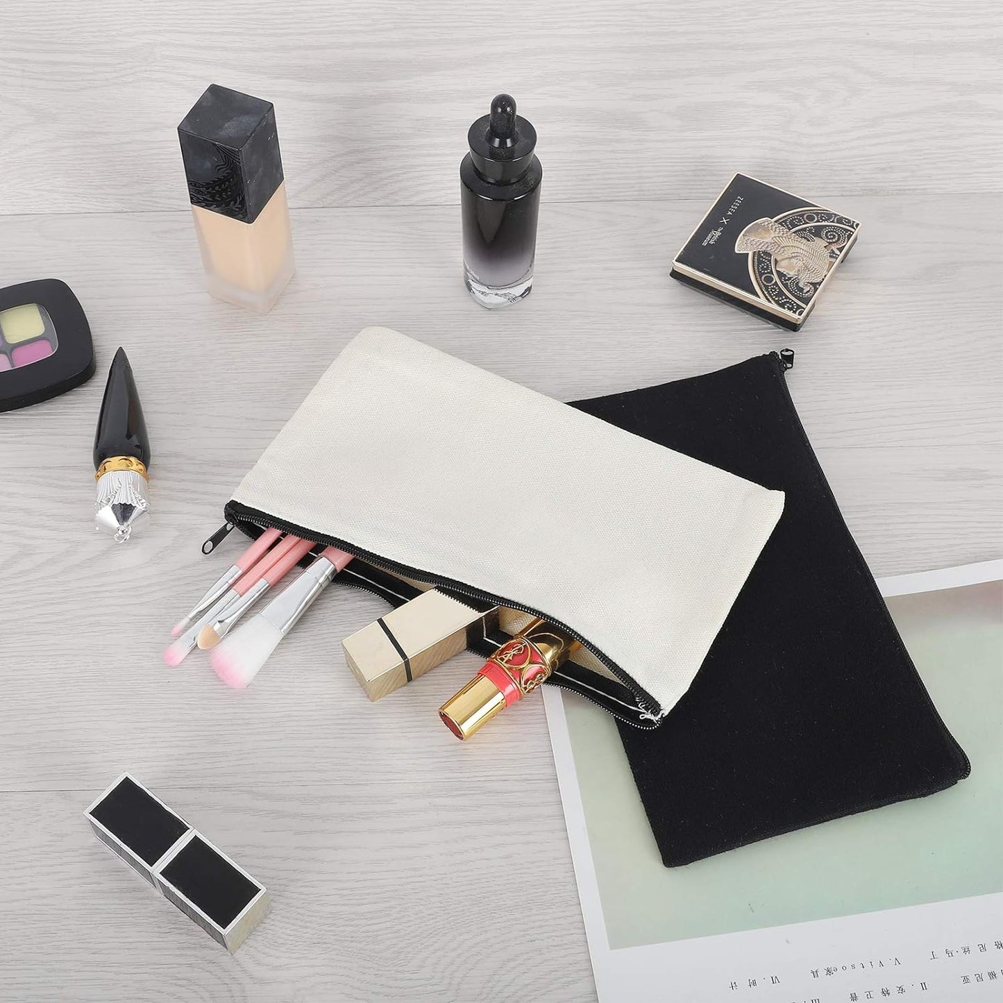 12 Pieces White Cotton Canvas Makeup Bag, Multipurpose Cosmetic Bag with Zipper Travel Toiletry Pouch, Blank DIY Craft Bag (White, S)