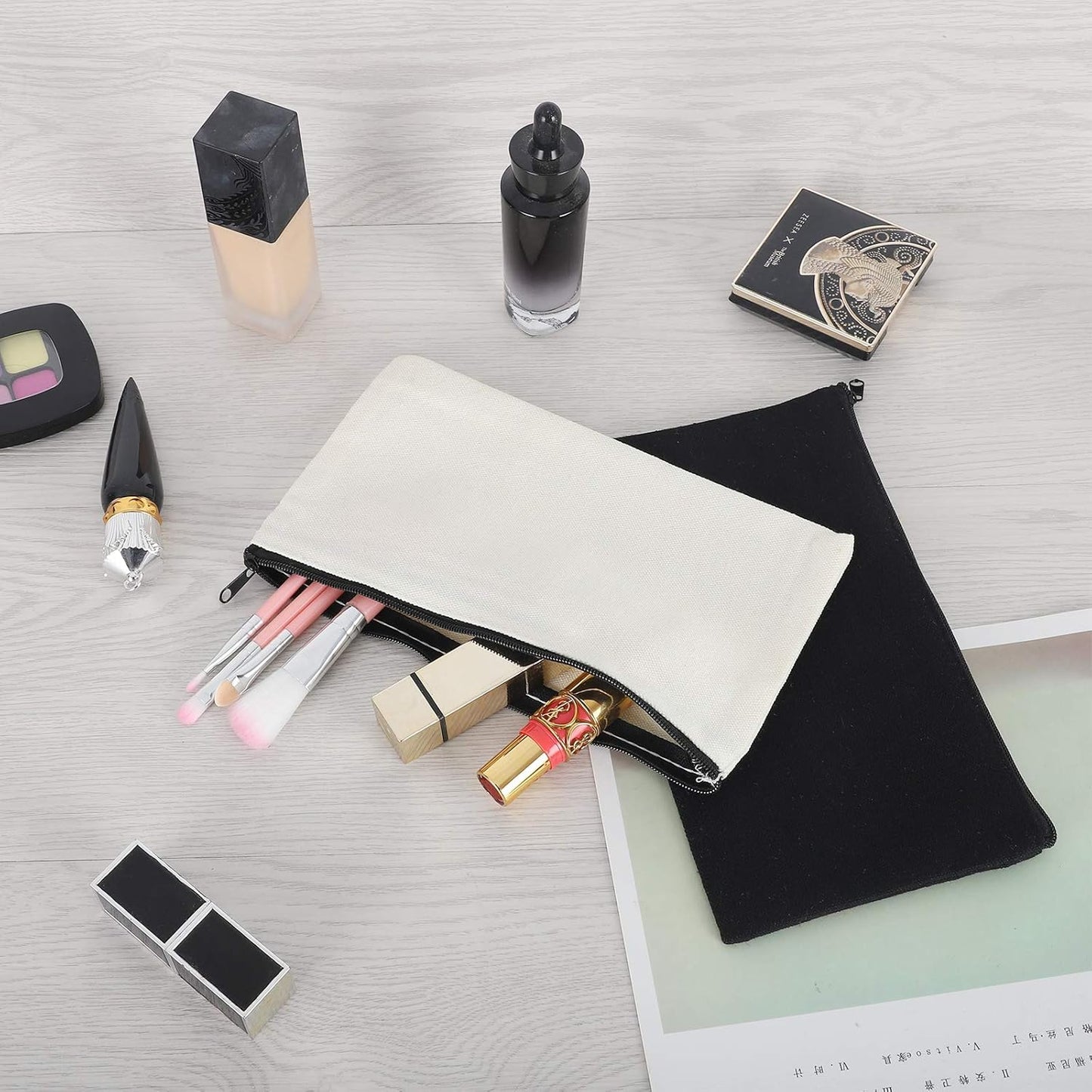 12 Pieces Black Cotton Canvas Makeup Bag, Multipurpose Cosmetic Bag with Zipper Travel Toiletry Pouch, Blank DIY Craft Bag (Black, M)