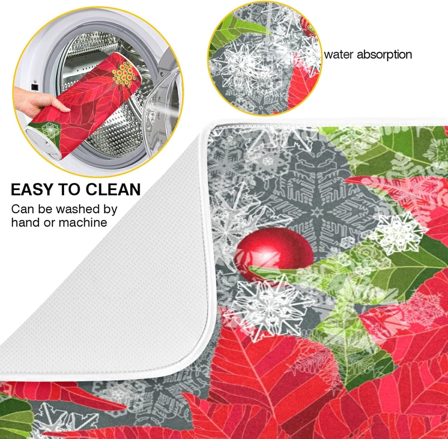 Happy Holidays Poinsettias Flower Christmas Microfiber Dish Drying Mat 18'' x 24'' for Kitchen Counter Drying Pad Dish Drainer Mats Absorbent Dish Draining Mat Extra Large