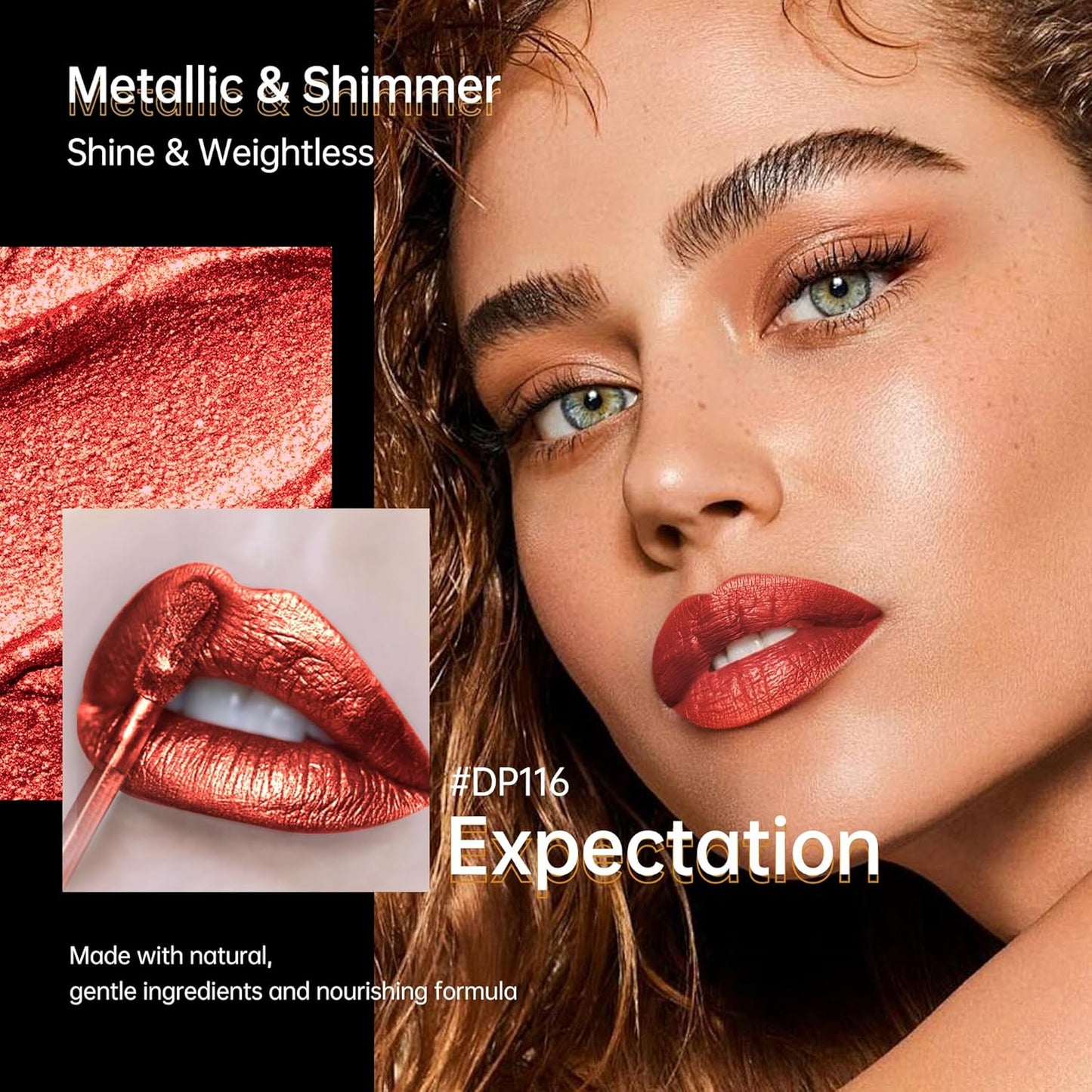 Red Lipsticks for Women Metallic Lipstick Long Lasting Non Stick Cup Lip Gloss, Shimmer Lightweight Hydrating Full Coverage Lip Color, DP116 Expectation