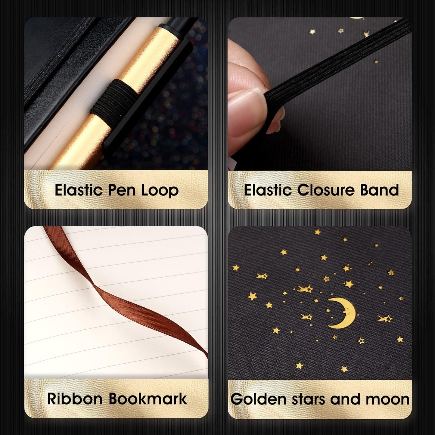 4 Pack Lined Journal Notebooks for Work, Hardcover Notebook Journal with Pen Loop, A5 Leather Notebook Journal Cover, Medium 5.7" x 8.3", (Black Ruled)