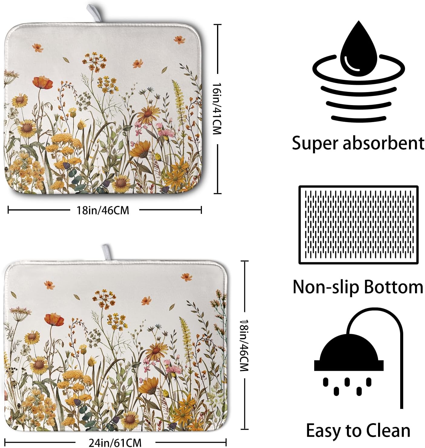 Fall Floral Dish Drying Mat for Kitchen Counter Autumn Burnt Orange Wild Flowers Dish Draining Mat Absorbent Microfiber Dishes Pad Washable Dish Drainer Rack Mat Medium 16"x18"