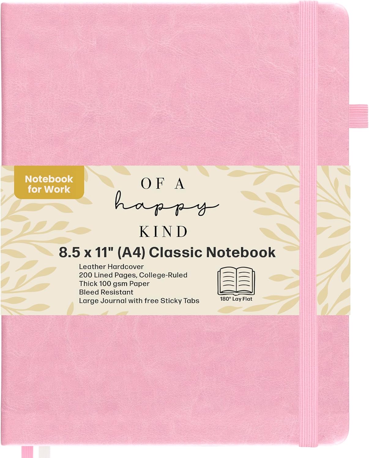 Classic Lined Journal Notebook 8.5x11" A4 Hardcover Leather - Pink - 200 Pages College Ruled Large with Sticky Tabs, Pockets, and Pen Loop for Writing and Journaling - Big Hardback Men and Women