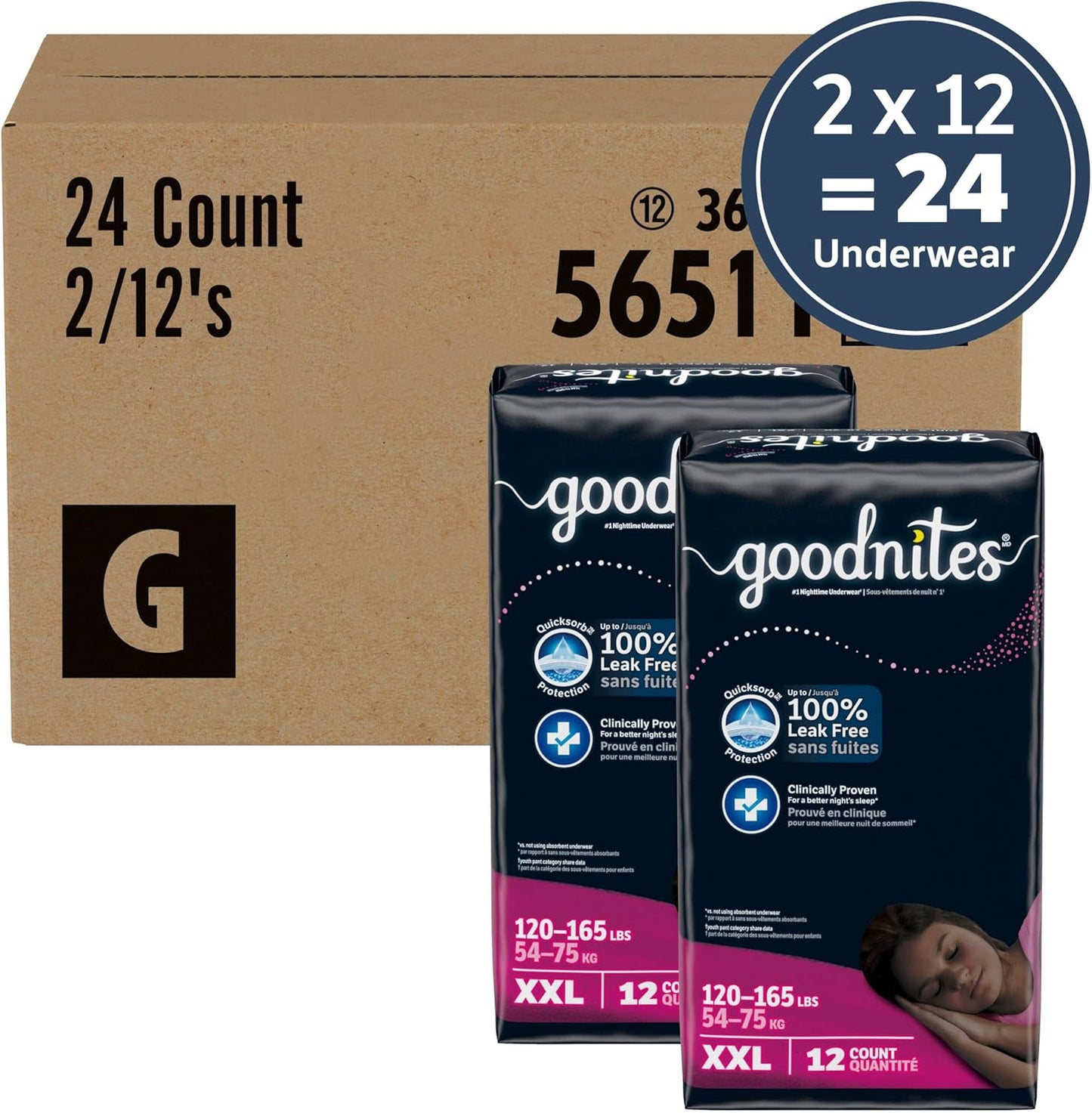 Goodnites Girls' Nighttime Underwear, Size XXL (120-165 lbs), 24 Ct (2 Packs of 12), Packaging May Vary