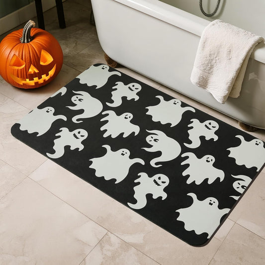 Halloween Bath Mat, Thin Halloween Bathroom Rug Non Slip Quick Dry Ghost Bath Mat Fits Under Door Thin Floor Mat Halloween Decor, 17''x30'', Spooky Ghosts Black