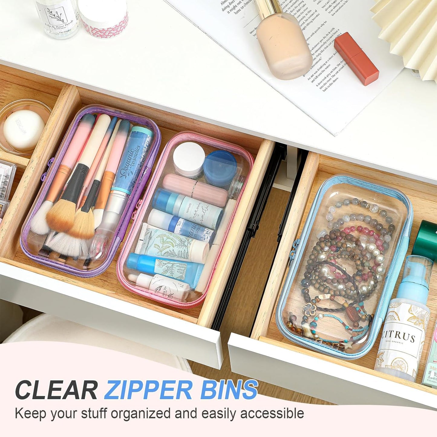 Hoolerry 3 Pcs Clear Hard Zipper Case Plastic Pouch Transparent Hard Case Clear Makeup Bag Portable Travel Organizer Bin for Cosmetics, Building Blocks, Puzzles(Multicolor,S)