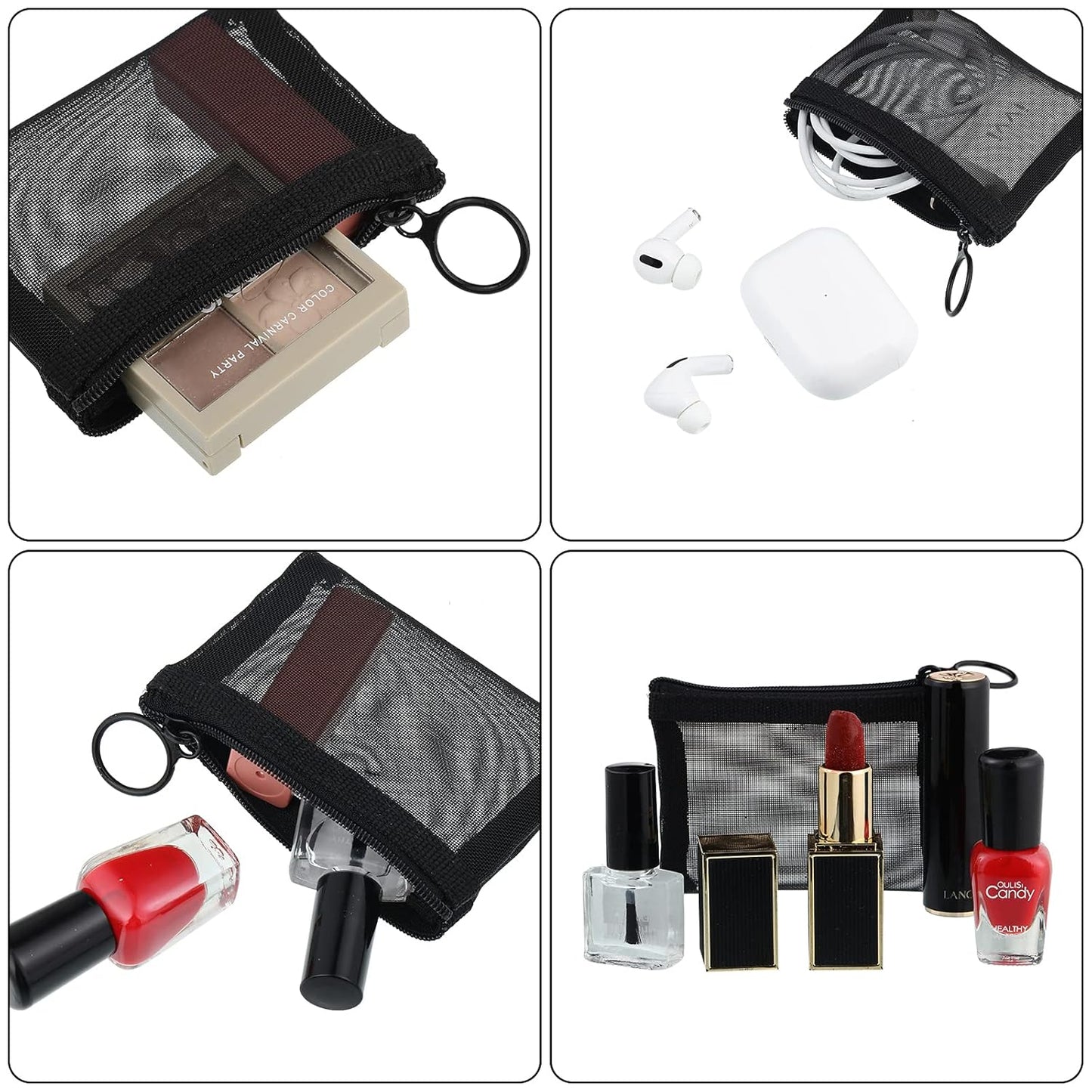 Frienda 10 Pcs Small Mesh Bags with Zipper Mini Zipper Mesh Bags Nylon Cosmetic Coin Purse Pouches Portable Reusable Storage Pouch with Keychain for Women Home Travel(3 x 4 Inch,Black)