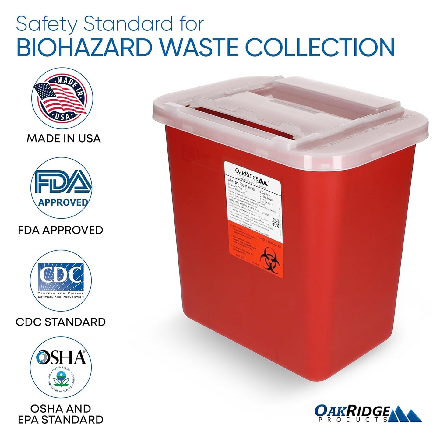Oakridge Products Large Sharps Container for Home Use and Professional 2 Gallon (20-Pack) with Sliding Top, Biohazard Needle and Syringe Disposal, CDC Certified
