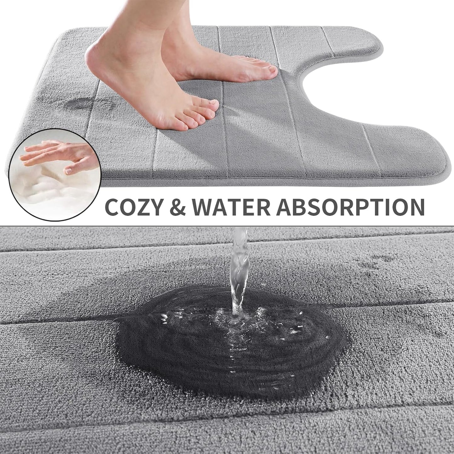 Yimobra Memory Foam Toilet Bath Mat U-Shaped, Commode Contour Rug, Soft and Comfortable, Super Water Absorption, Non-Slip, Thick, Machine Wash and Easier to Dry for Bathroom, 24 X 20 Inches, Grey