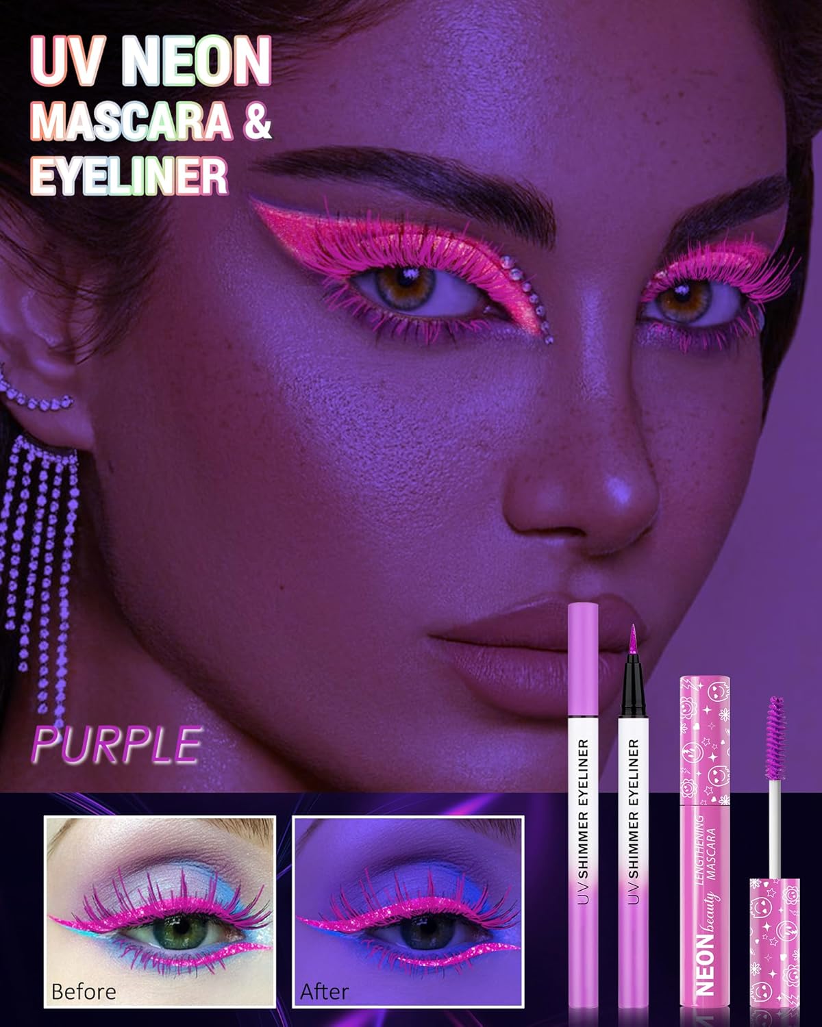 UV Neon Purple Mascara & Eyeliner Set, Waterproof Volumizing Colored Mascara Volume and Length for Lashes Lengthening, Long Lasting Glitter Liquid Eyeliner Pencil, Halloween Glow in the Dark Makeup-01