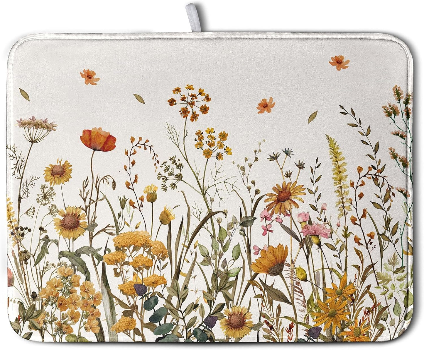 Fall Floral Dish Drying Mat for Kitchen Counter Autumn Burnt Orange Wild Flowers Dish Draining Mat Absorbent Microfiber Dishes Pad Washable Dish Drainer Rack Mat Large 18"x24"