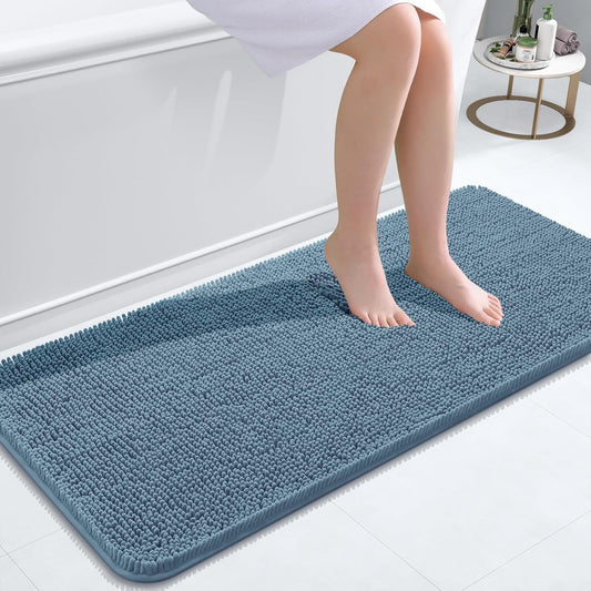 OLANLY Bathroom Rugs 47x20, Extra Soft Absorbent Chenille Bath Rugs, Rubber Backing Quick Dry, Machine Washable Bath Mats for Bathroom Floor, Tub and Shower, Home Decor Accessories, Airy Blue