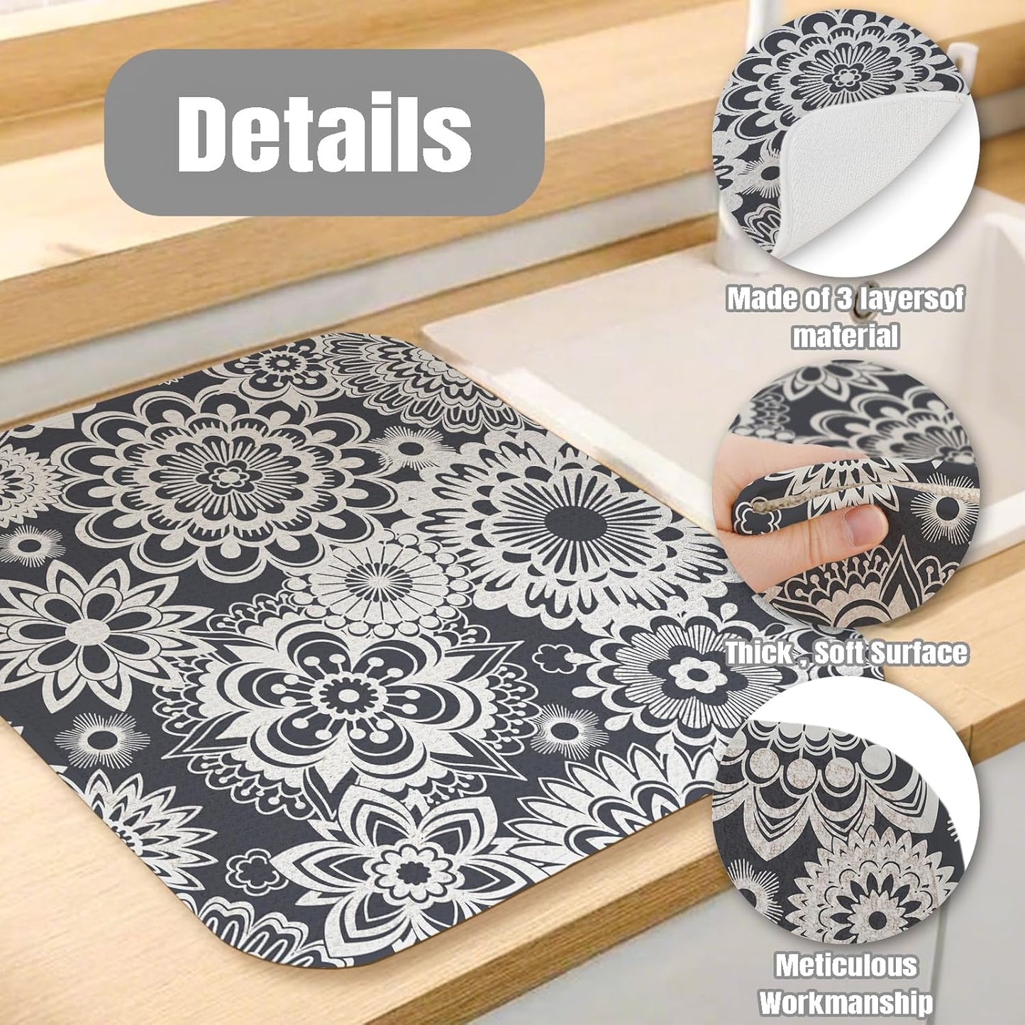 Dish Drying Mat for Kitchen Counter Large 16" x 18" Mandala Absorbent Microfiber Dishes Drainer Rack Mats Pad Reusable Washable