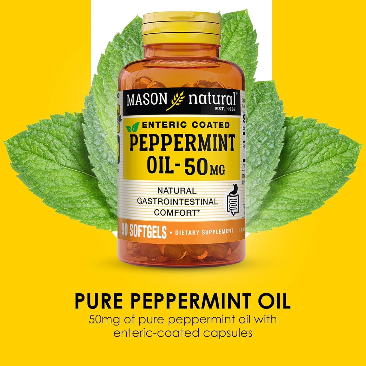 MASON NATURAL Peppermint Oil 50 mg Enteric Coated Supplement, 270 Day Supply of Gastrointestinal Support for Normally Functioning Bowel, Softgel Pills