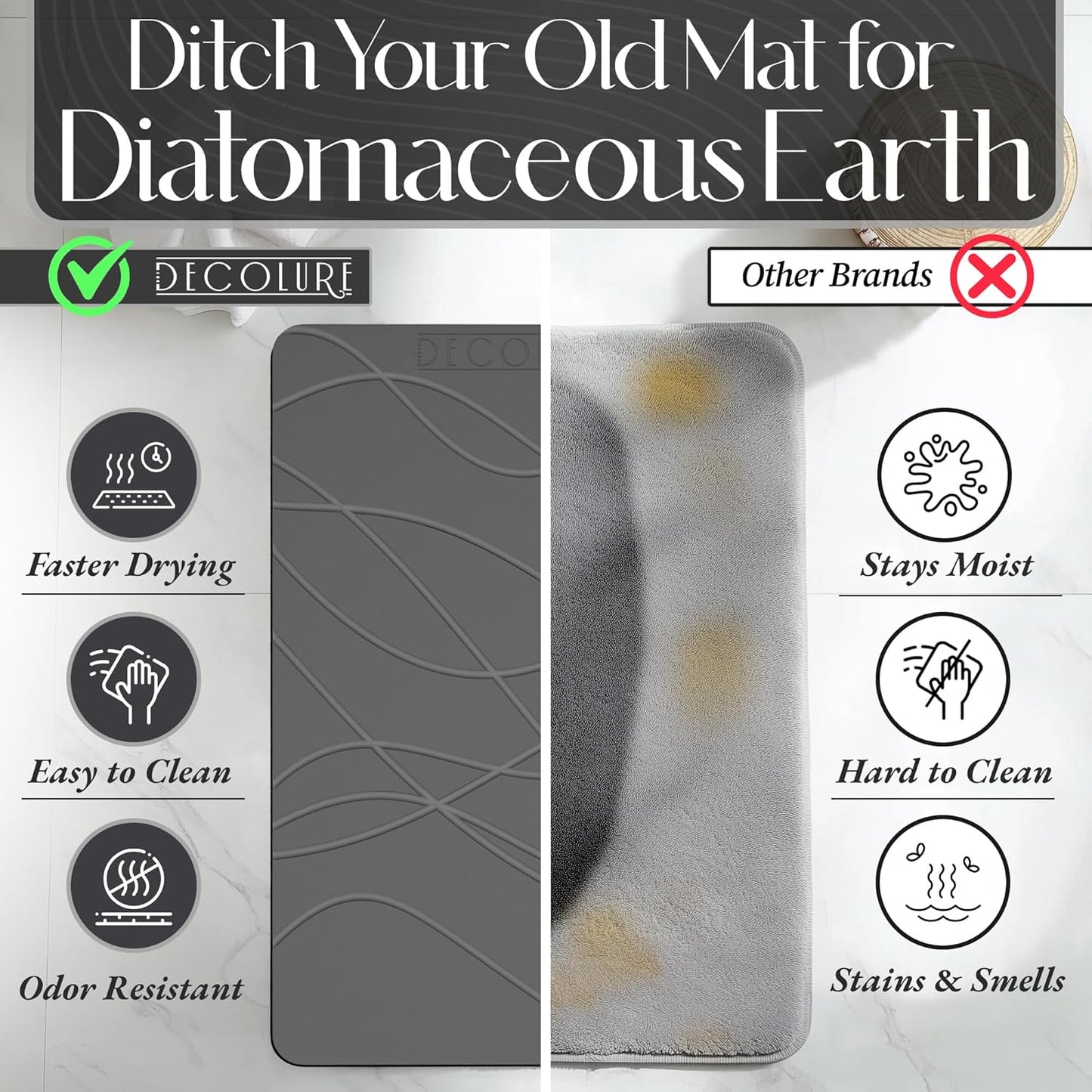 DECOLURE Stone Bath Mat, Quick Dry & Non-Slip Diatomaceous Earth Shower Mat for Bathroom, Luxurious & Easy to Clean Diatomite Stone Mat for Bathroom, Kitchen, High Density (Standard, Grey)