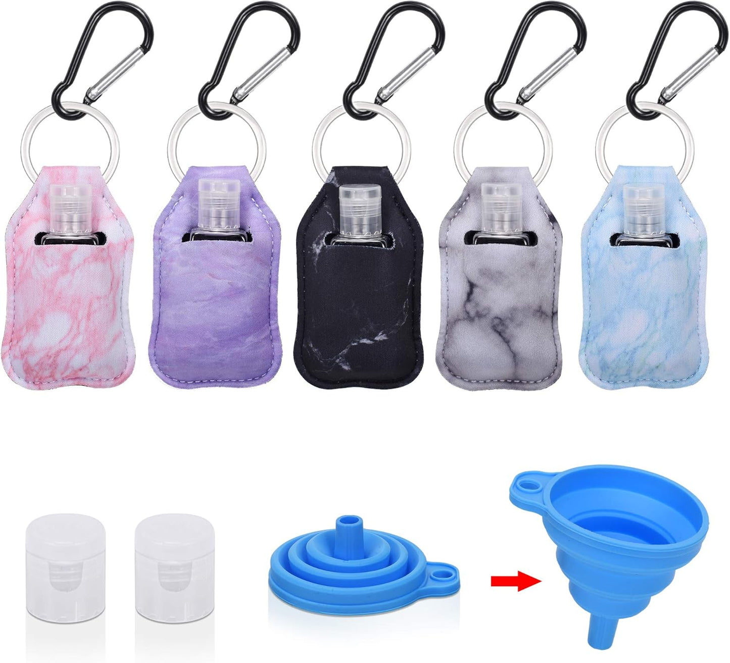 Hand Sanitizer Holder Keychian,5 Pack Empty Travel Size Bottle and Hand Sanitizer Keychain Set Include 5pcs Flip Cap Reusable Bottles,5pcs Refillable Bottles Keychain Holders for Backpack and Kids
