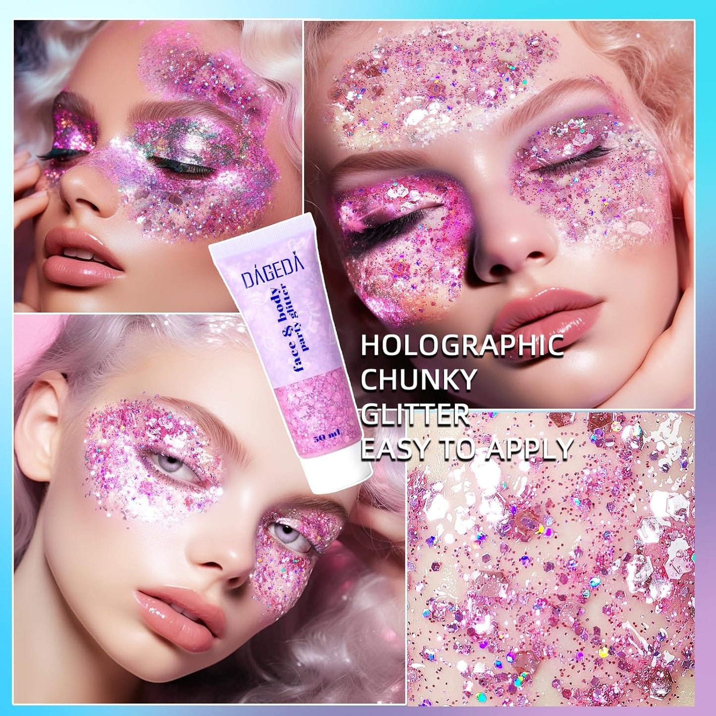 DAGEDA Body Glitter Gel, Face Glitters Body Gel Sequins Shimmer Liquid Eyeshadow, Chunky Glitter for Face Hair Nails, Holographic Cosmetic Laser Powder Festival Makeup 50ml(Pink)