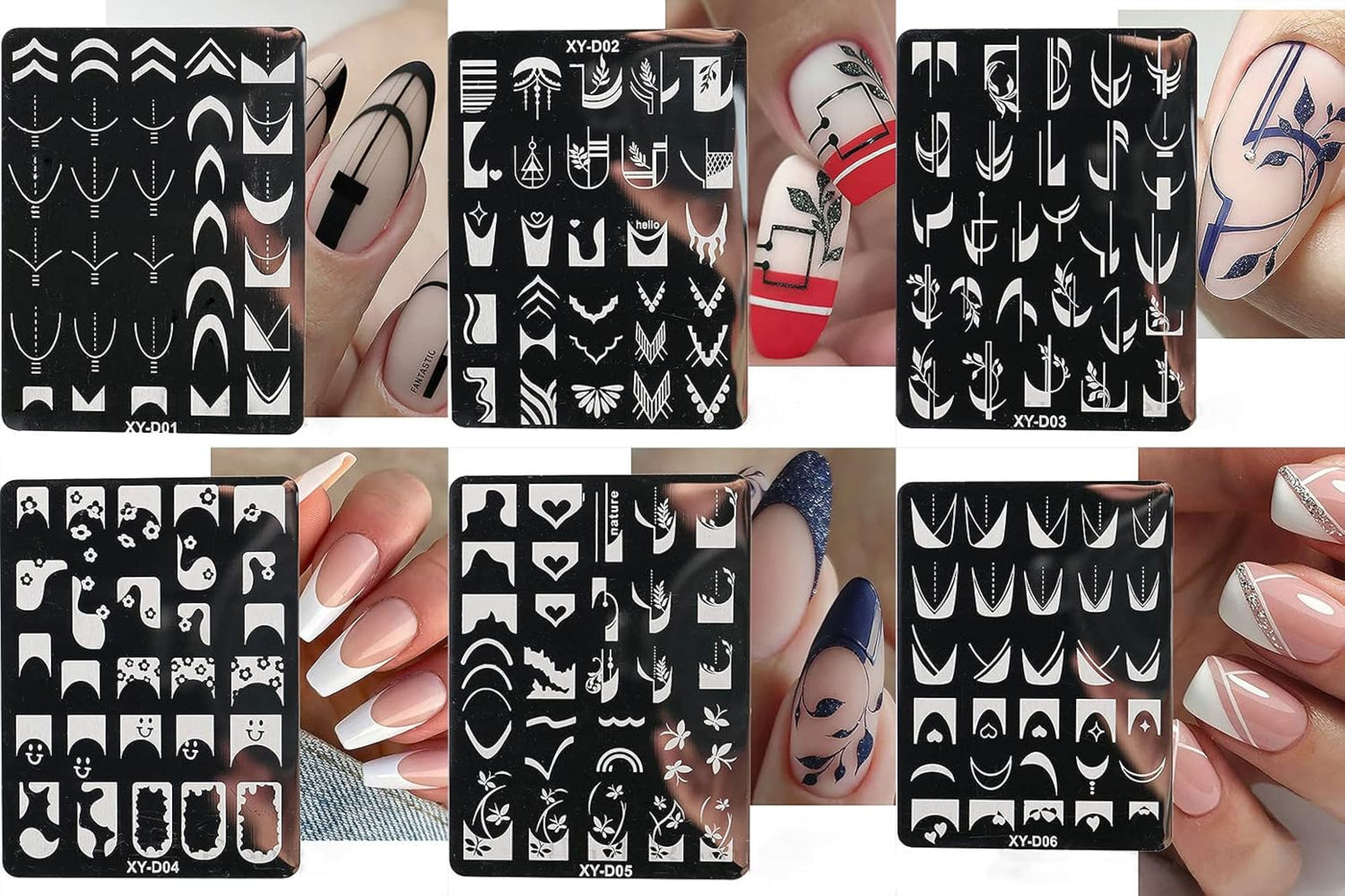 6Pcs Nail Art Stamping Templates Set with French Line Flowers Leaves Smiley Heart Design Art Stamping Kits DIY Printing Tools Fashion Art Decoration for Women and Girls
