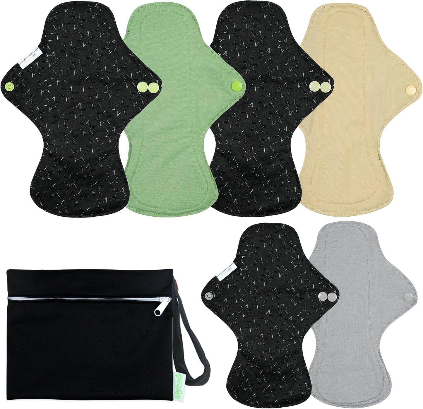 wegreeco 6 Pcs Reusable Menstrual Pads, Ultra Absorbent Cloth Pads for Heavy Flow, Sanitary for Teens, Women, Nonslip Panty Liners + Bag (Mustard Yellow, Grey, Beige, S)