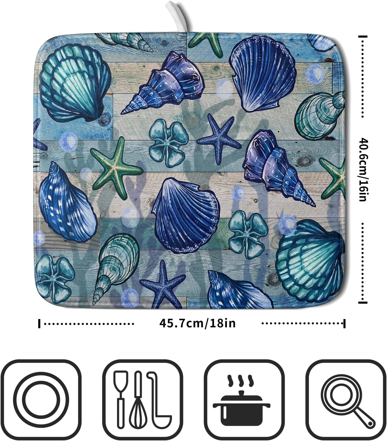 Starfish Seashell Dish Drying Mat 16x18 inch Coastal Beach Dish Drainer Rack Pad Absorbent Microfiber Fast Dry Kitchen Counter Accessories