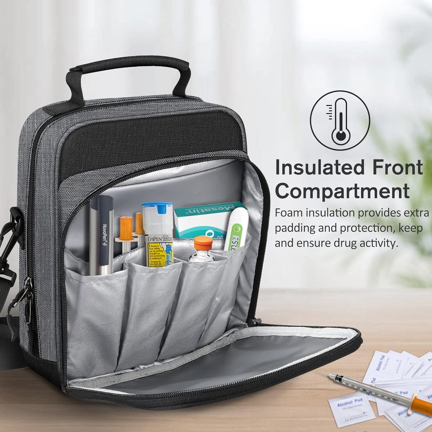 Insulin Cooler EpiPen Carrying Case Insulated, Travel Medication Diabetes Supplies Organizer Bag with Shoulder Strap for Asthma Inhaler, Auvi-Q, Allergy Medicine Essentials (Gray)
