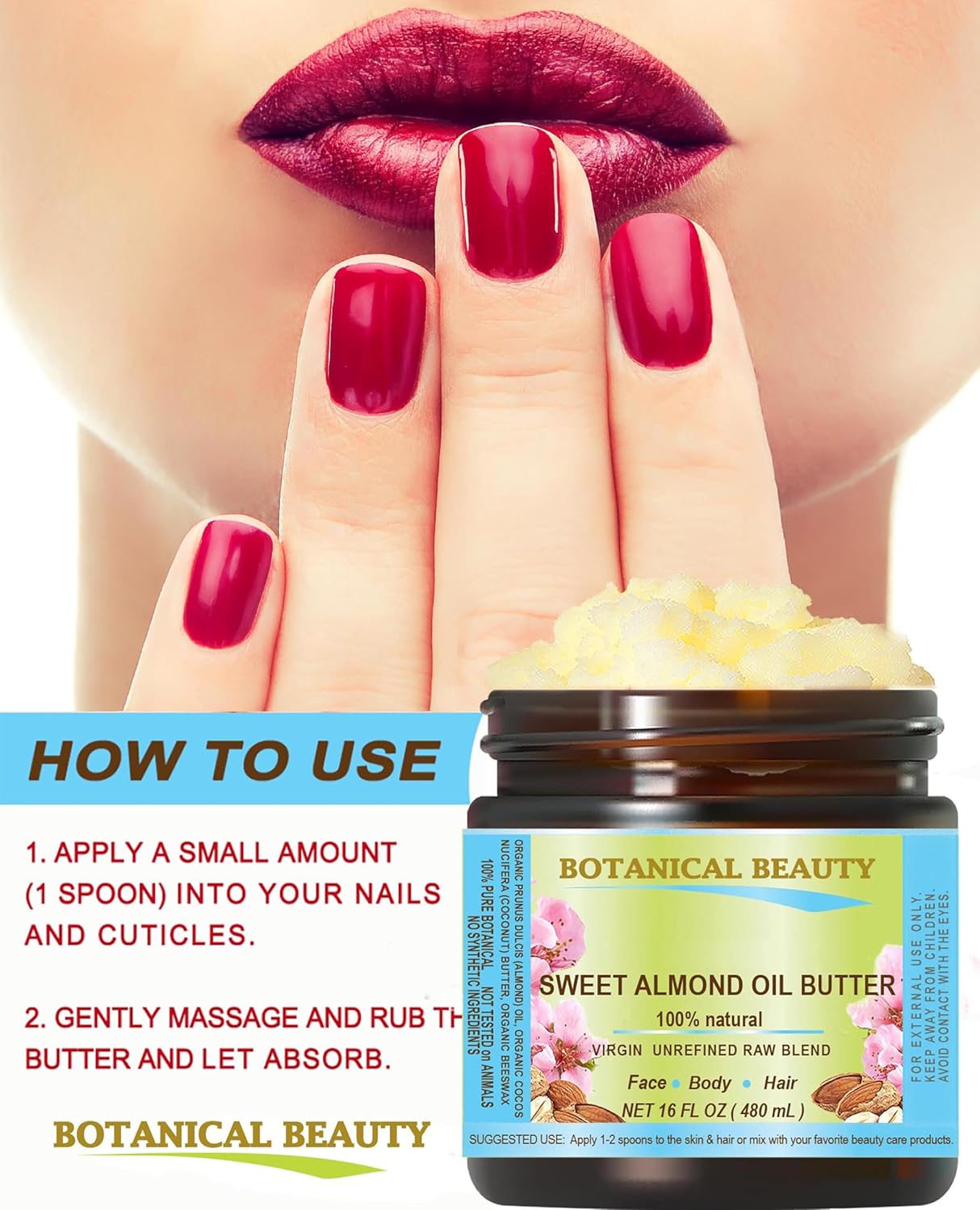 Botanical Beauty SWEET ALMOND OIL BUTTER Pure Natural Virgin Unrefined RAW for FACE, SKIN, BODY, DAMAGED HAIR, NAILS. (8 Fl Oz)